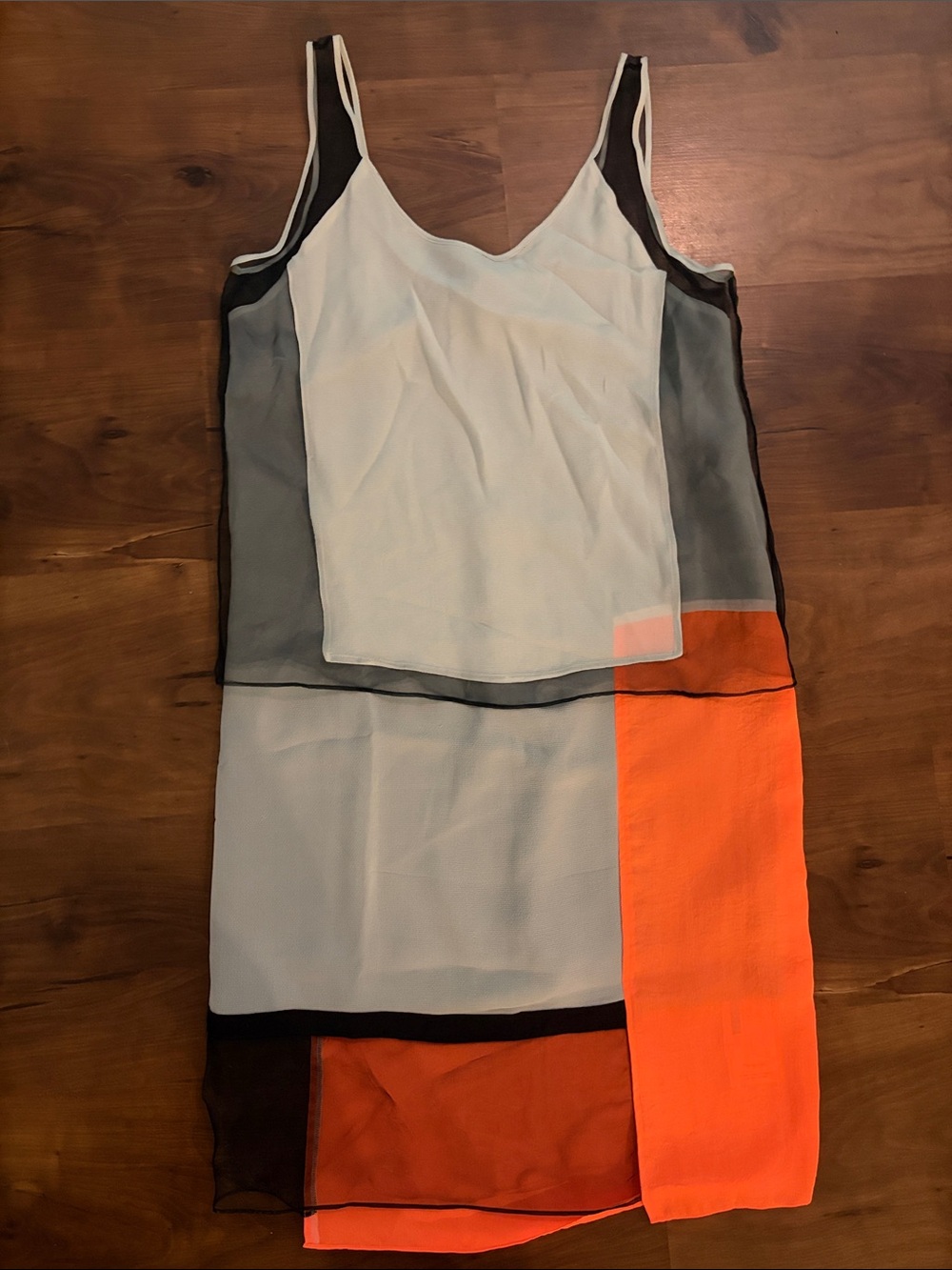 Helmut Lang White, Black and Orange Layered Slip Dress